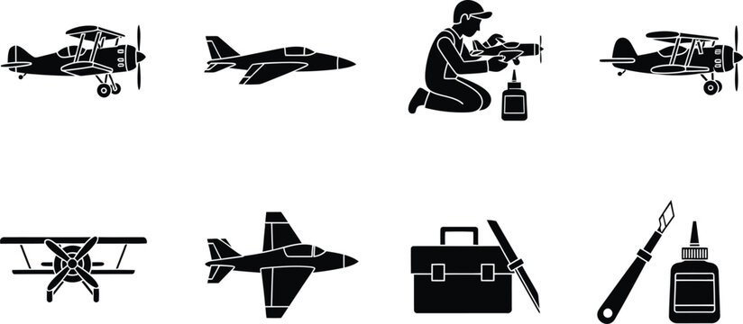 Vintage aviation icon set airplanes tools and mechanics black silhouette graphics