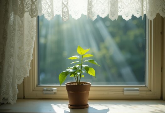 Una peque&ntilde;a planta verde en maceta en el alf&eacute;izar de una ventana con la luz del sol entrando a trav&eacute;s de cortinas