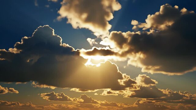 Time-lapse of golden light and sunrays piercing through majestic clouds in a dynamic sky