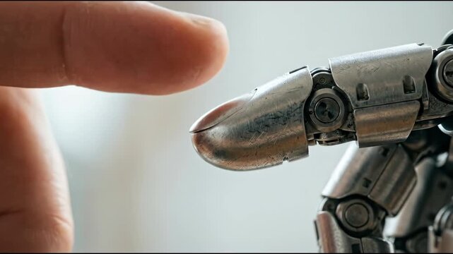 Human finger interacts with robotic hand in animated sequence of approaching, separating and reconnecting touch. Technology fusion and artificial intelligence collaboration concept for future human