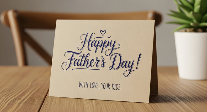 Heartfelt father's day card on wooden table with green plant