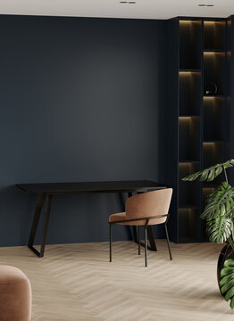 Dark blue color interior design  - office or home hotel workspace. 
