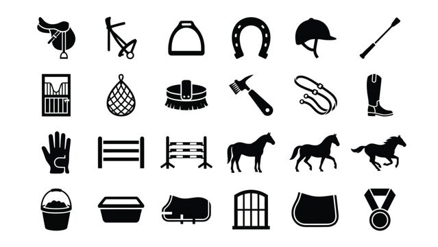Equestrian Icons Set Featuring Horse Riding Symbols on White Background