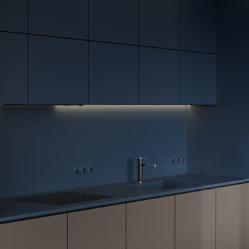 Scene kitchen blue-brown cabinets. Small accent space in hotel, studio