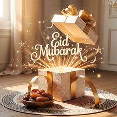 Glowing Gift Box with Golden Ribbon, Dates Bowl and "Eid Mubarak" Typography &mdash; Warm Festive Eid Surprise and Celebration Concept
