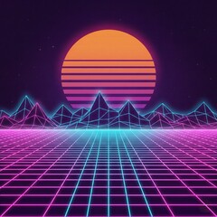 Retro 80s Synthwave Seamless Pattern Background with Neon Grid and Mountains
