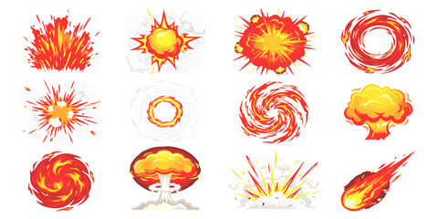 Collection of stylized explosion and fire burst comic book style illustrations with vibrant red and yellow colors on white background ©  Designer