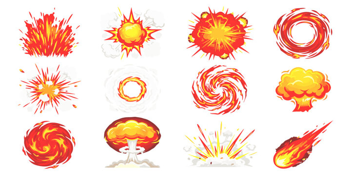 Collection of stylized explosion and fire burst comic book style illustrations with vibrant red and yellow colors on white background