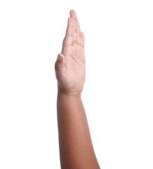 African-american boy showing palm on white background, closeup