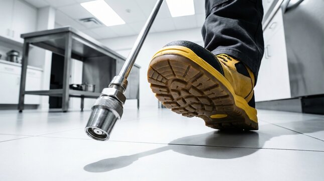 A pest control worker uses a spray wand on a commercial kitchen floor. Professional sanitation and insect prevention in a clean environment. Use for service ads or hygiene articles.