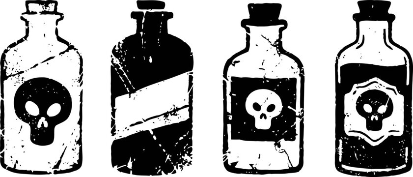 Vintage poison bottles collection with skull labels old toxic medicine containers, grunge design