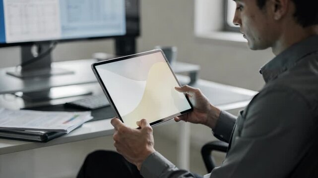 Data verification specialist reviewing category listings on a tablet main focus on the screen while the workspace fades into the background.