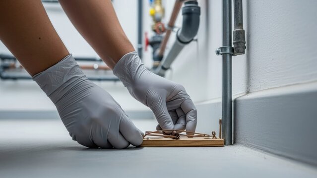 Hands in grey gloves set a wooden mousetrap near pipes. This highlights professional pest control measures and sanitation. Ideal for home maintenance or exterminator service websites.