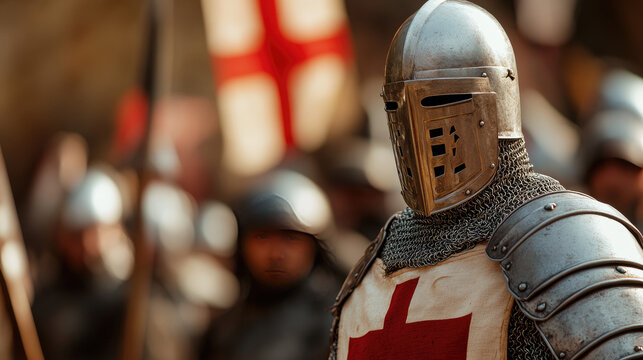 Medieval knight wearing full armor with a red cross, symbolizing courage and historical valor. George's Day. Independence Day of England