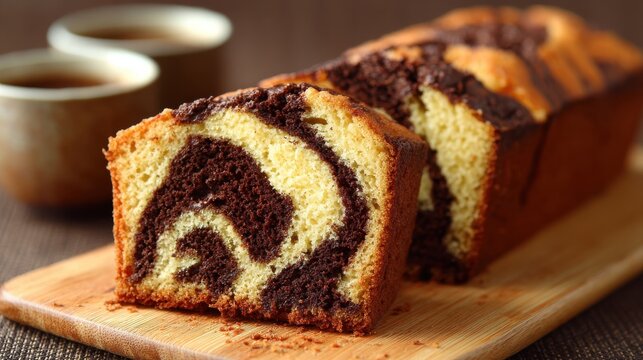 Sliced homemade marble cake with chocolate and vanilla swirls on a wooden board served with coffee