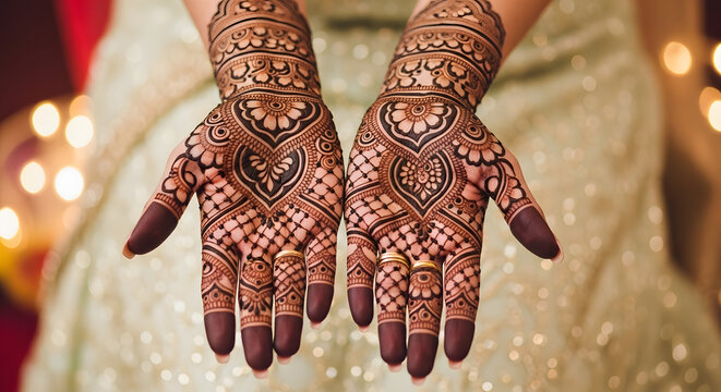 Exquisite bridal mehndi art on hands featuring heart and lotus motifs with dark stained fingertips