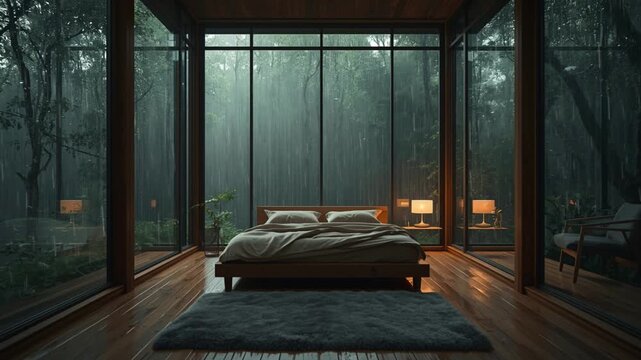 Cozy bedroom retreat surrounded by lush forest on a rainy day