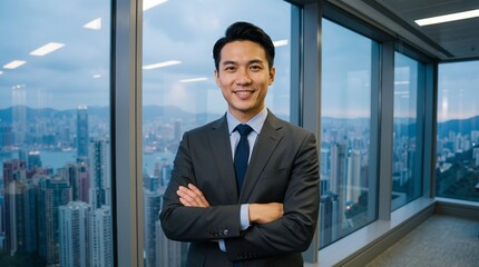 Fototapeta premium Asian businessman in suit standing with arms crossed and smiling near window with city view. Real estate business success and corporate leadership