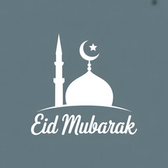 White Stylized Mosque Silhouette with Crescent and Star and "Eid Mubarak" Typography on Gray Background &mdash; Minimal Islamic Celebration Icon