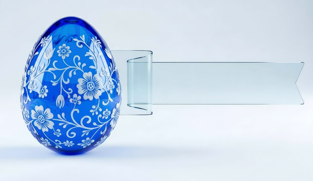 Blue transparent decorative  Easter egg with  floral pattern and glass ribbon on white background with space for text.