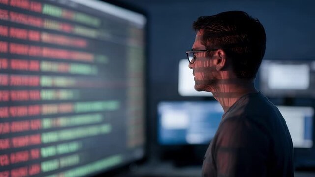 Medium shot of a software engineer observing a blurred screen with red and green status indicators while the system autoredeploys the last stable build.