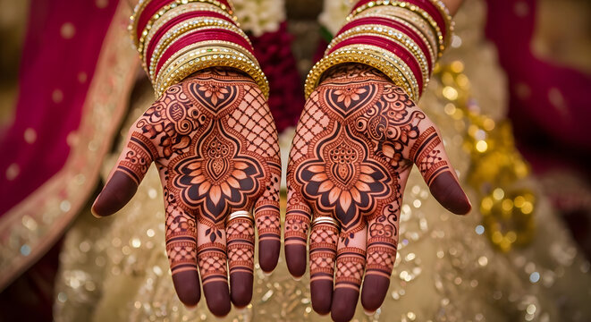 Rich bridal henna design on hands paired with traditional red and gold bangles for wedding ceremony