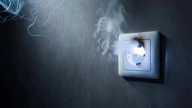 Electrical short circuit in wall outlet with blue sparks and smoke close up house maintenance repair emergency fire hazard insurance claim home safety background copy space accident