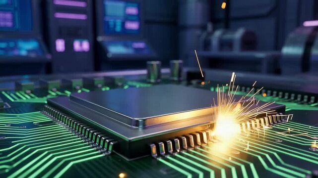 Digital circuit board short circuit with sparks macro technology failure hardware damage computer repair electronic breakdown future innovation background copy space data processor hardware