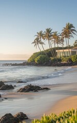 Fototapeta premium Tropical beach with palm trees resort holiday shore concept