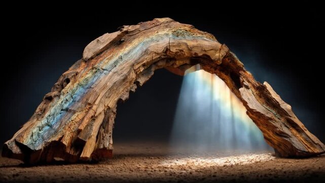 An arched wooden structure with colorful striations, light, and sandy ground, set against a dark background