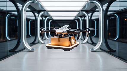 Fototapeta premium Autonomous delivery drone in futuristic warehouse corridor