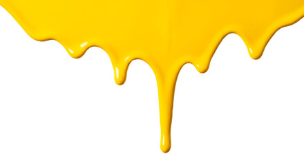 Fototapeta premium liquid yellow dripping against a clean white background. Perfect for adding a bold, vibrant splash of color to any design, marketing campaign, or creative project.