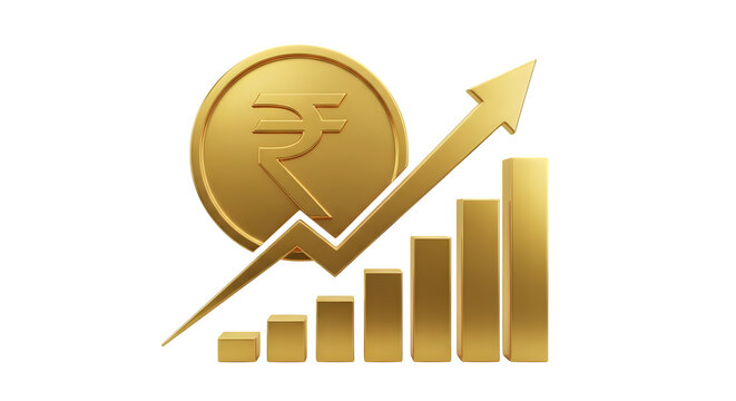 Indian rupee currency symbol with growing graph and arrow