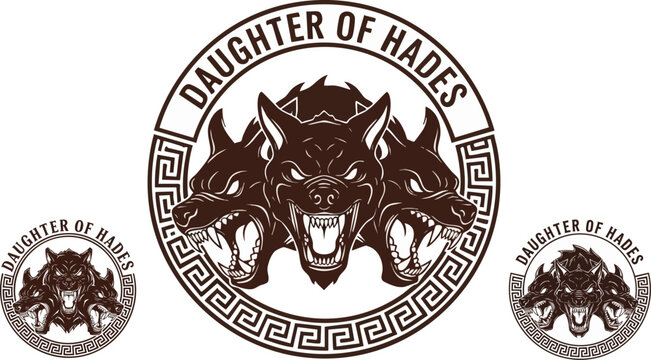 Daughter of Hades Cerberus logo design. Includes three-headed dog with snarling faces in a circular frame with Greek key pattern. Created in monochrome brown and white style.