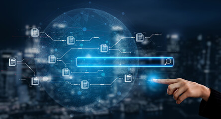 AI search engine concept visualizes connected documents through digital process and data search network system. Corpus