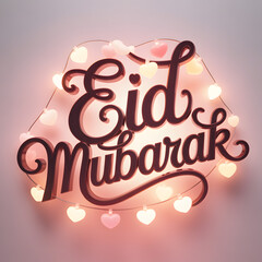 Dark Gray Script "Eid Mubarak" on Soft Pink Background with Hanging Heart-Shaped Lights &mdash; Romantic Festive Eid Card Design