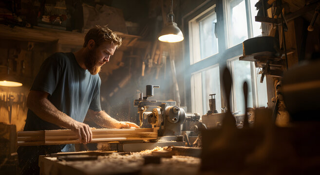 A machine is being tended to by a woodworker in a workshop.
