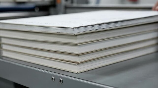 Medium shot capturing textbook paperbacks collated and stacked neatly sharp focus on edge alignment while automated equipment in the background remains softly out of focus.