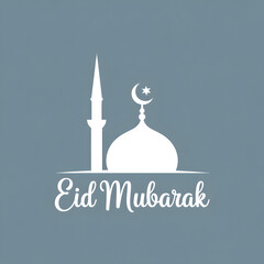 White Stylized Mosque Silhouette with Crescent and Star and "Eid Mubarak" Typography on Gray Background &mdash; Minimal Islamic Celebration Icon