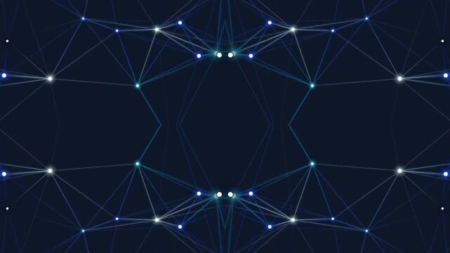 Network connections and data transfer visualized through glowing nodes and lines in a dark digital landscape from a top-down viewpoint