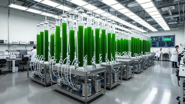 Modern laboratory with advanced bioreactors for algae cultivation research.