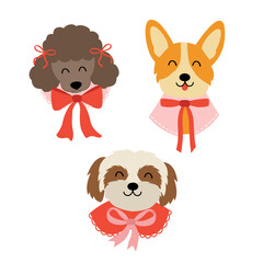 set of isolated dogs with a red bow