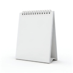 A blank white spiral-bound notebook standing upright on a white background isolated on white background