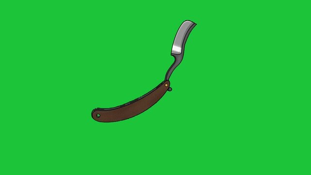 Vintage straight razor animation on green background barber tool concept classic shaving blade flat design illustration