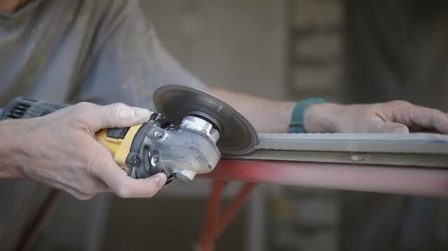 Worker cutting ceramic tile at 45 degree angle using angle grinder. Tile placed on sawhorses, one hand holding tile and the other operating grinder. Renovation and precision tiling concept. 