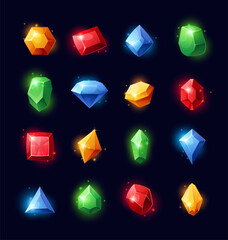 Gemstone. Vector set of gem crystals, colorful bright diamonds, jewelry, and mineral stones. Sapphire and amethyst, magic neon glowing emerald, diamond quartz. Mineral stone for game, ui design or web © MaryDesy