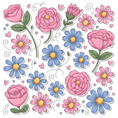 "Floral Cartoon Collection &mdash; Colorful Roses, Daisies & Decorative Hearts on White &mdash; Cute Hand-Drawn Flower Clipart for Greeting Cards, Invitations & Fabric Prints"