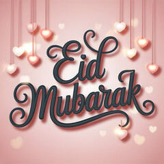 Dark Gray Script "Eid Mubarak" on Soft Pink Background with Hanging Heart-Shaped Lights &mdash; Romantic Festive Eid Card Design