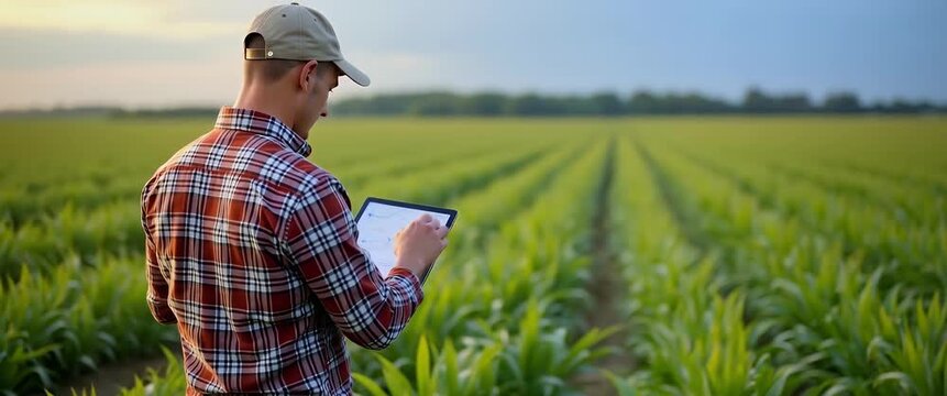 young man with laptop in field