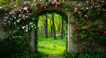 Obraz premium Beautiful secret garden gate leading to a vibrant forest full of blooming flowers